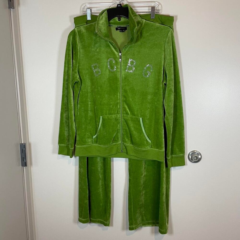 Y2K BCBGMAXAZRIA green rhinestone logo XL wide leg mid rise velour tracksuit set